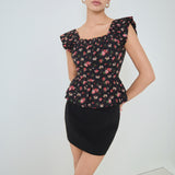 Black Bow Floral Print Peplum Top