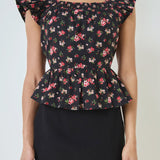 Black Bow Floral Print Peplum Top