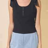 Mixed Media Bow Tie Ribbed Henley Tank