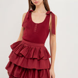Mixed Media Bow Tie Ribbed Henley Tank