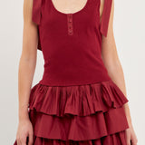 Mixed Media Bow Tie Ribbed Henley Tank